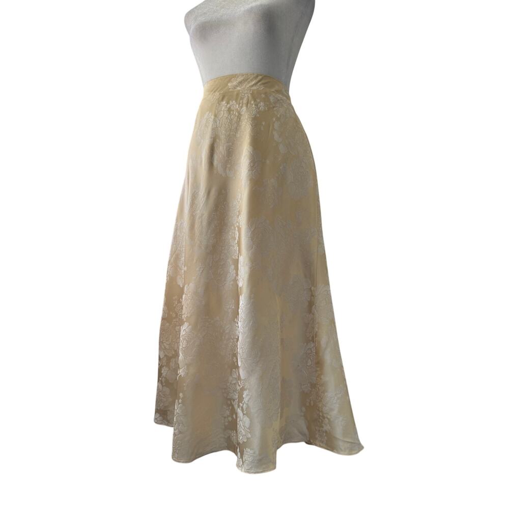 Vintage Y2K Cream Shimmery Floral Print A-Line Midi Skirt